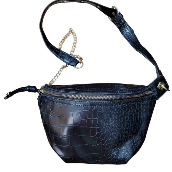 Faux Croc Belt Bag Crossbody – Black Glossy PVC with Gold Chain Detail - Picture 1 of 8